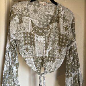 Altar'd State Green and White Cropped Shirt